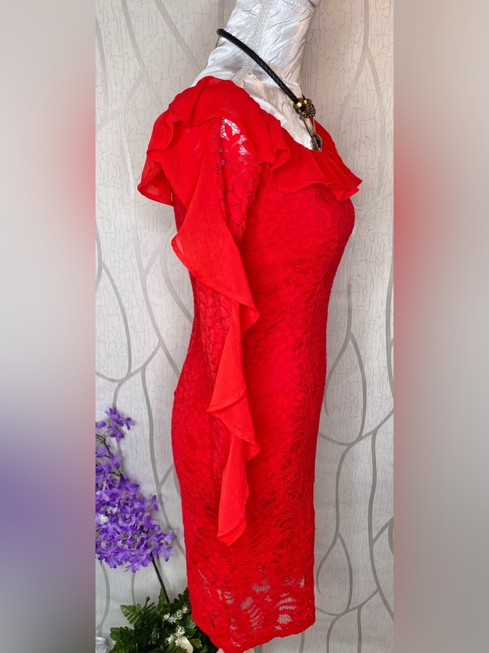 🌹Sexy Vibrant Red Lace Off Shoulder Dress with Chiffon Ruffle Trim 🌹 CBR - Picture 6 of 11
